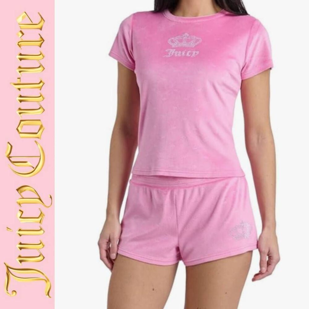 Juicy Couture JC Embossed Rhinestone Crown Logo Velour S/S Shirt & Short PJ Set‎